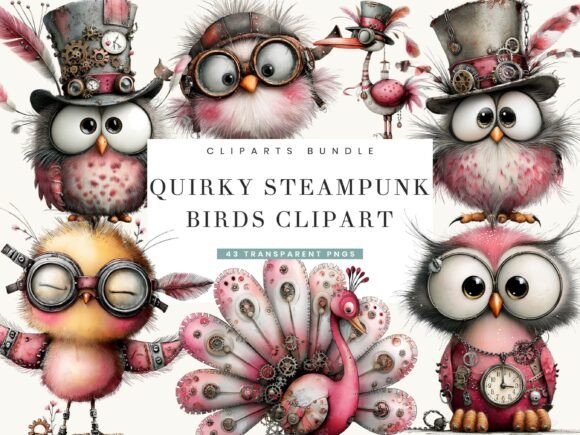 Quirky Steampunk Birds Clipart: Blending Victorian Whimsy with Modern Design