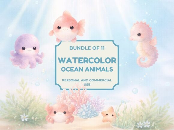 Watercolor Ocean Animals PNG: Elevating Digital Design with Soft, Dreamy Aesthetics